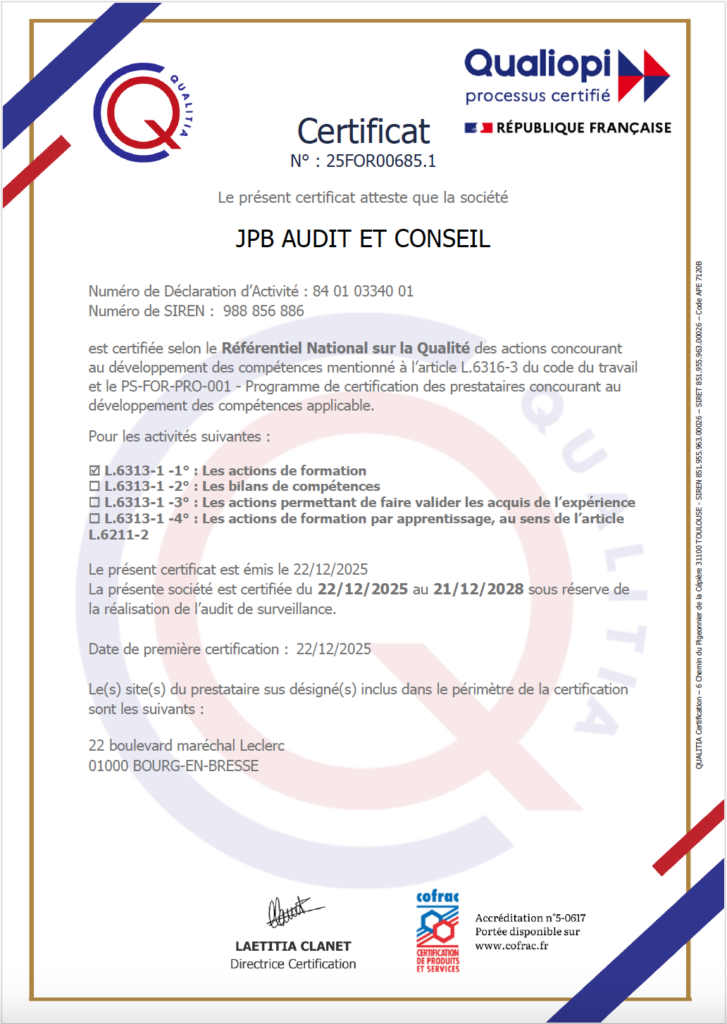 Certificat qualiopi pour JPB Audit et Conseil